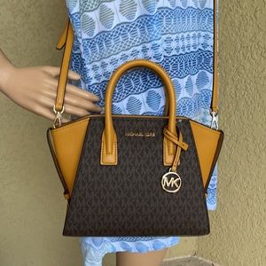 Michael Kors Avril Small Marigold Signature PVC Top Zip Satchel Crossbody Bag